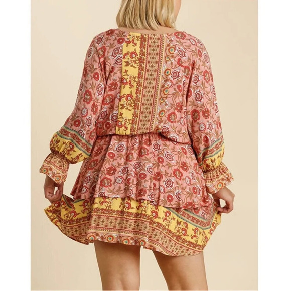 Umgee Floral Border Print Layered Mini Dress Boho Gypsy Rose Pink Plus Size 1X - Picture 2 of 15